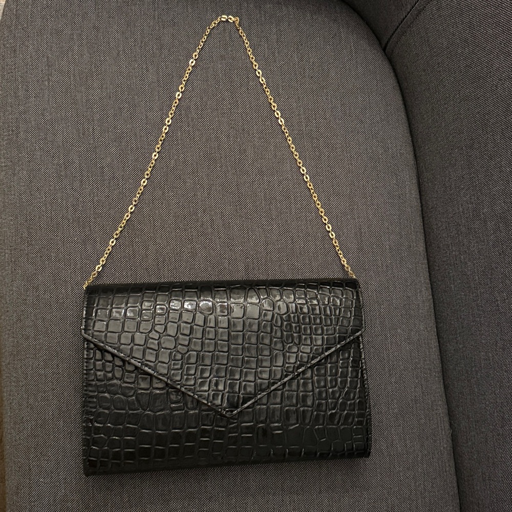 Black Croc Embossed Clutch with Gold Chain
